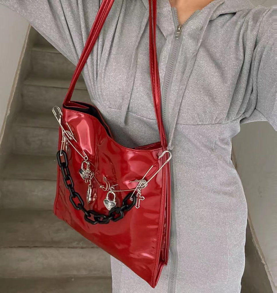 Retro Punk Subculture Y2k Millennium Patent Leather Red Shoulder Bag