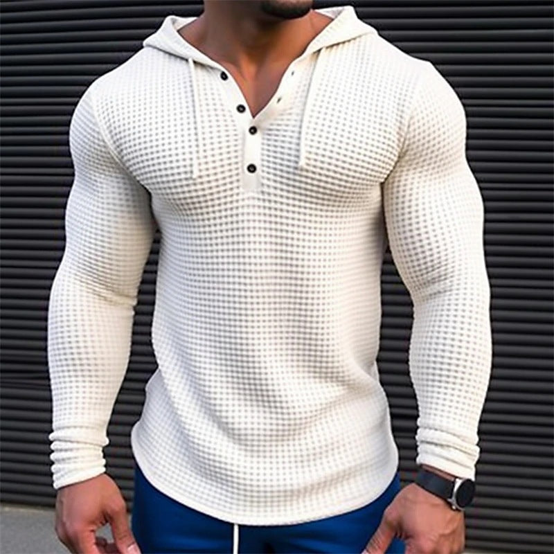 Men's Waffle Button Hoodie T-shirt Top Vacation Long Sleeve Casual Fashion