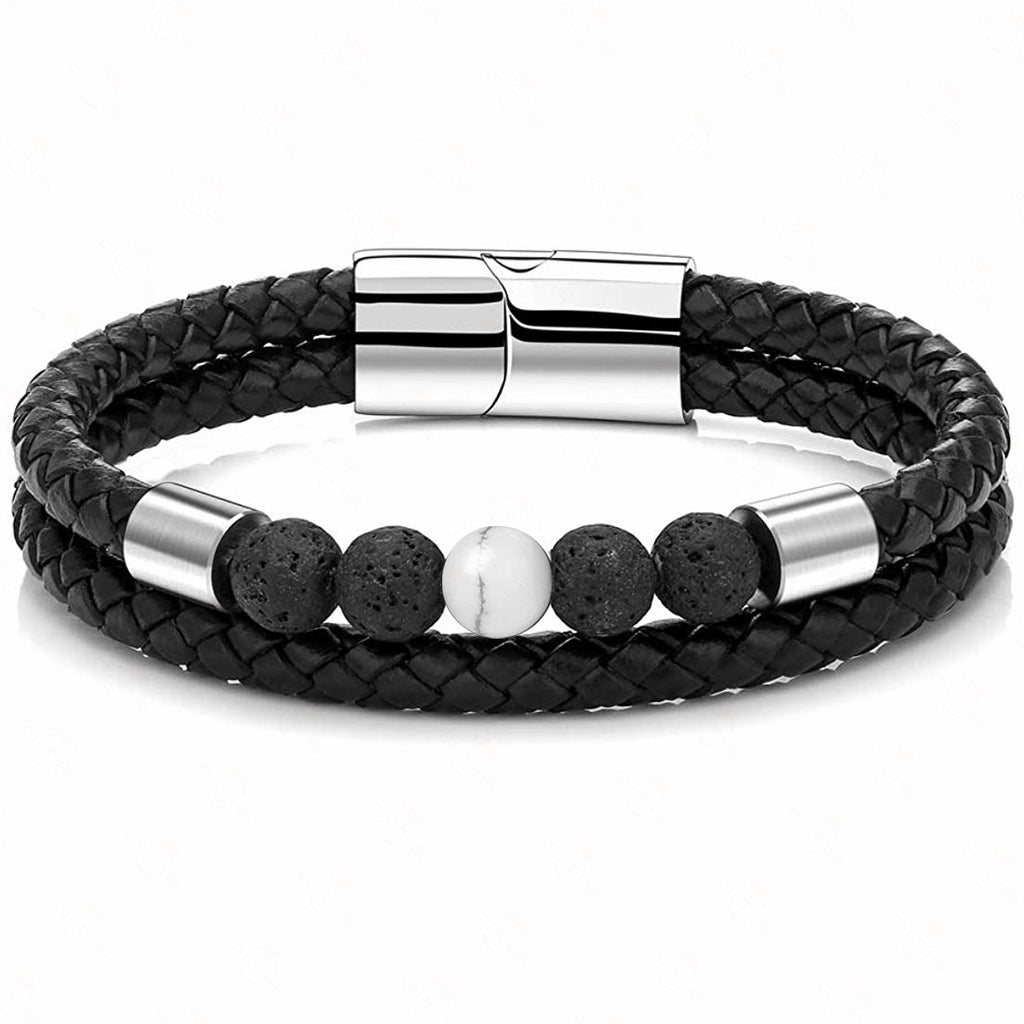 Punk Style Stainless Steel Genuine Leather Bracelet Handmade Natural Tiger's Eye Lava Stone