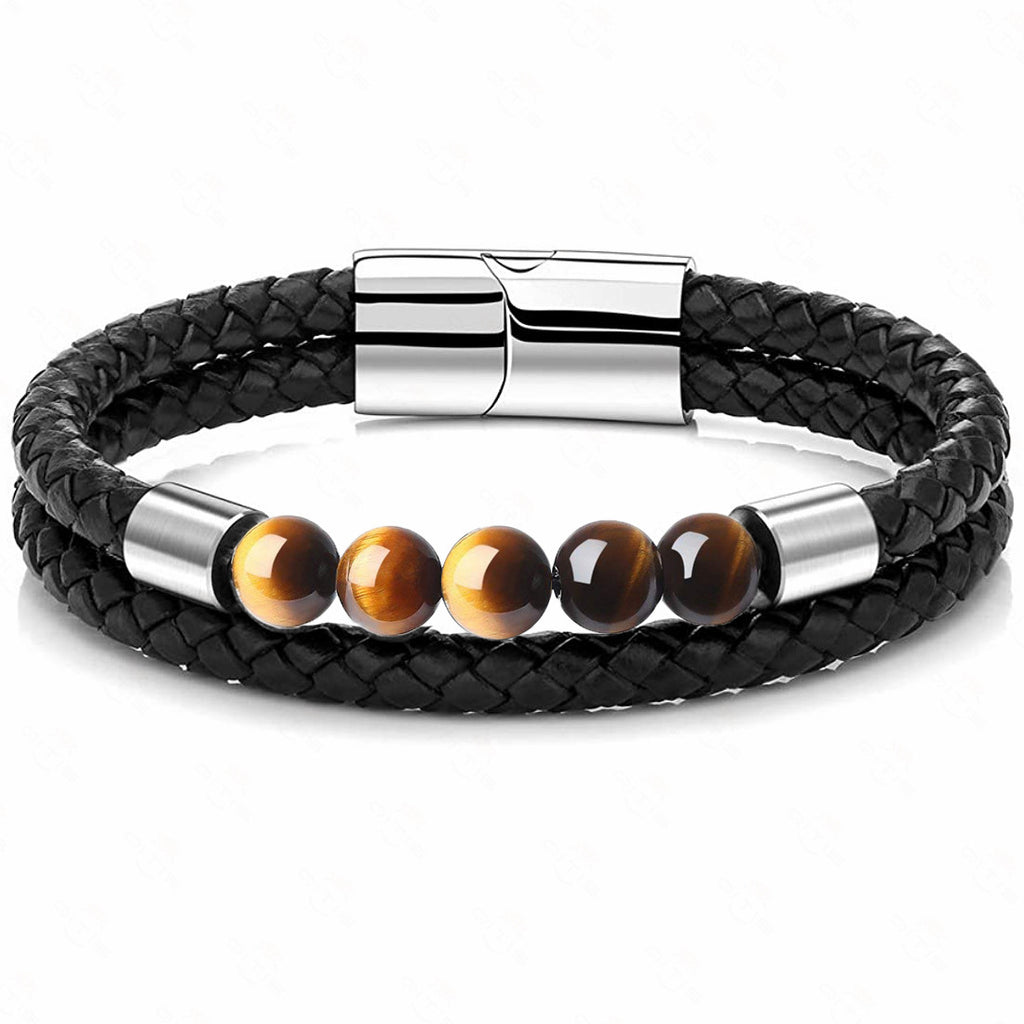 Punk Style Stainless Steel Genuine Leather Bracelet Handmade Natural Tiger's Eye Lava Stone