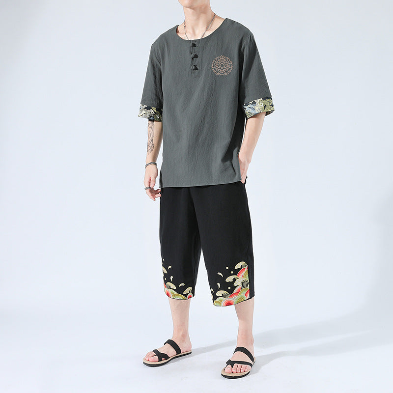 Japanesex Kimonos Summer 6 Colors Short-Sleeved T-shirt Harajuku Yukata Japan Embroidered Linen Men Shirts Trousers Asian Costume
