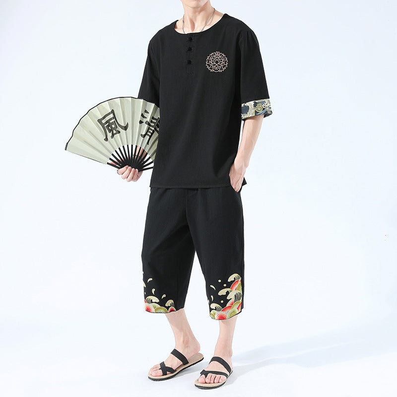 Japanesex Kimonos Summer 6 Colors Short-Sleeved T-shirt Harajuku Yukata Japan Embroidered Linen Men Shirts Trousers Asian Costume