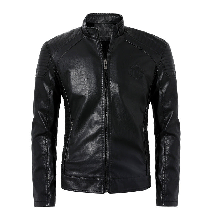 Men'S Plus Velvet Leather Jacket Casual Leather Jacket Style Stand-Up Collar