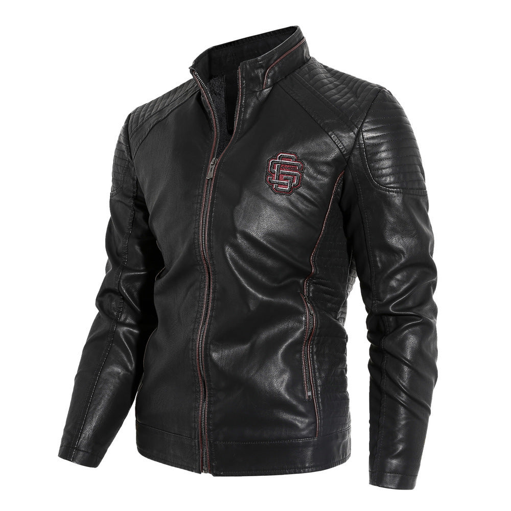 Men's Leather Jacket With Stand Collar PU Motorcycle Leather Jacket
