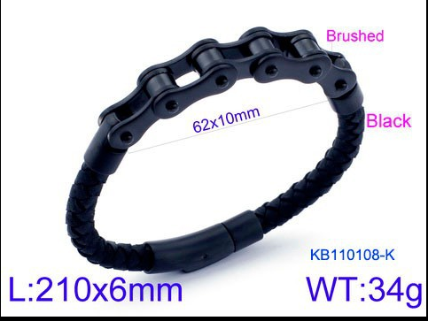 Stainless Steel Bicycle Chain Leather Bracelet Black Men's Bracelet