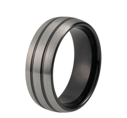 8mm Black Tungsten Wedding Ring - Dome Double Lines Silver Matte Top Center, Comfort Fit for Men and Women