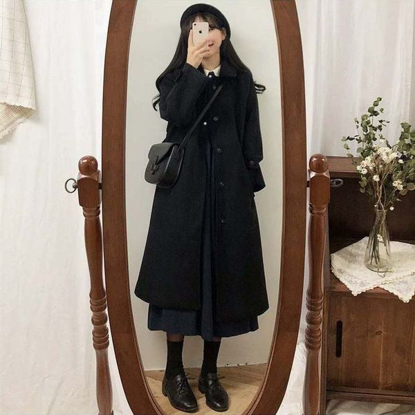 Korean Style High-grade Thickened Black Woolen Coat