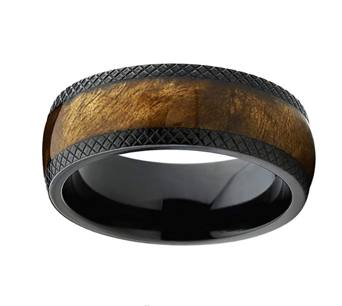 Dome Black Titanium Wedding Ring - Real Marble Brown Wood Inlay, Comfort Fit 8mm Band