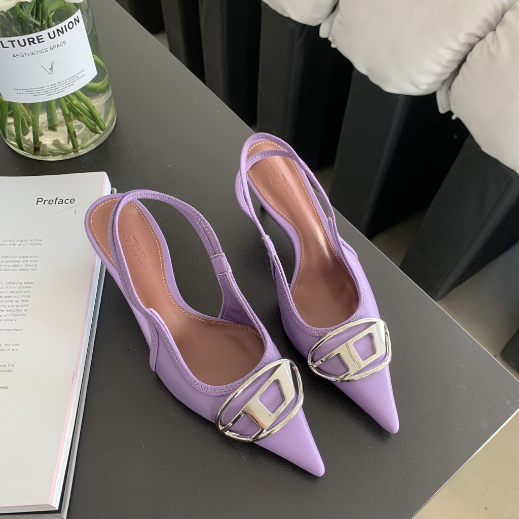 A pair of women's high heels in a light pink and lavender gradient color. The shoes have a slingback strap and a pointed toe. They are sitting on a black background.