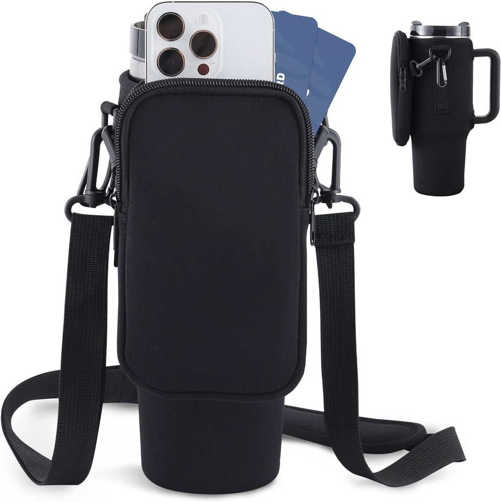 Black, Blue and purple water bottle carrier bag with adjustable strap, compatible with 40oz tumblers. Made from durable neoprene for superior protection and comfort during outdoor activities
