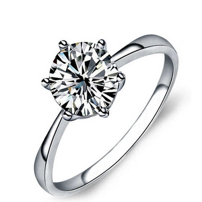 Plated 925 Silver Six-Prong Zirconia Ring - High-Diamond Wedding Couple Accessories, Engagement Ring