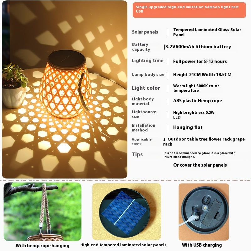 Outdoor Solar Lantern Lights Waterproof High Brightness Hanging Imitation Bamboo Weaving Hollowed Table Lamp Decoration