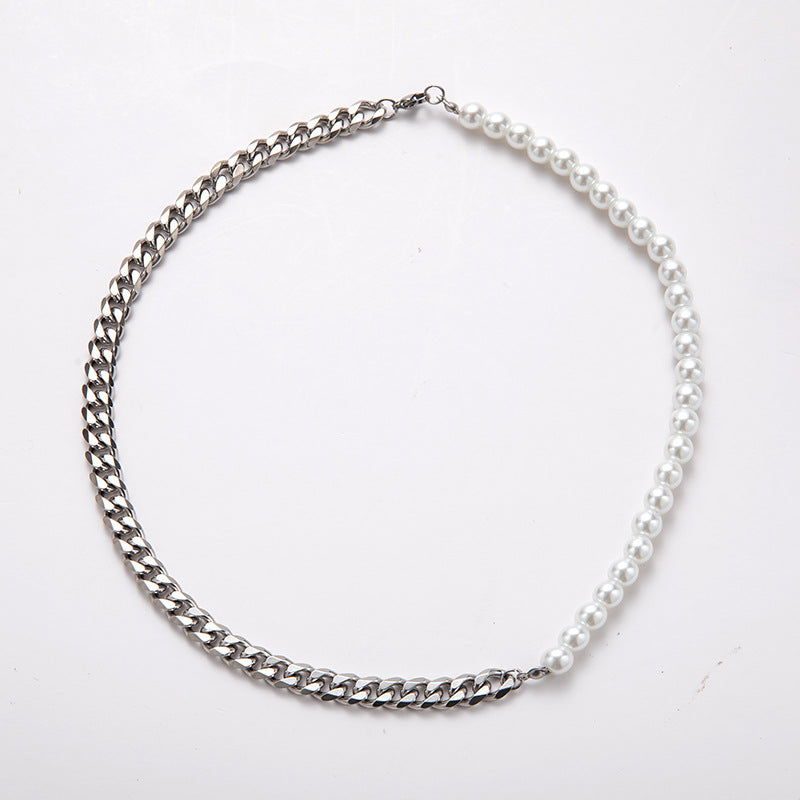 Stitching Stainless Steel Cuban Chain Pearl Necklace For Men