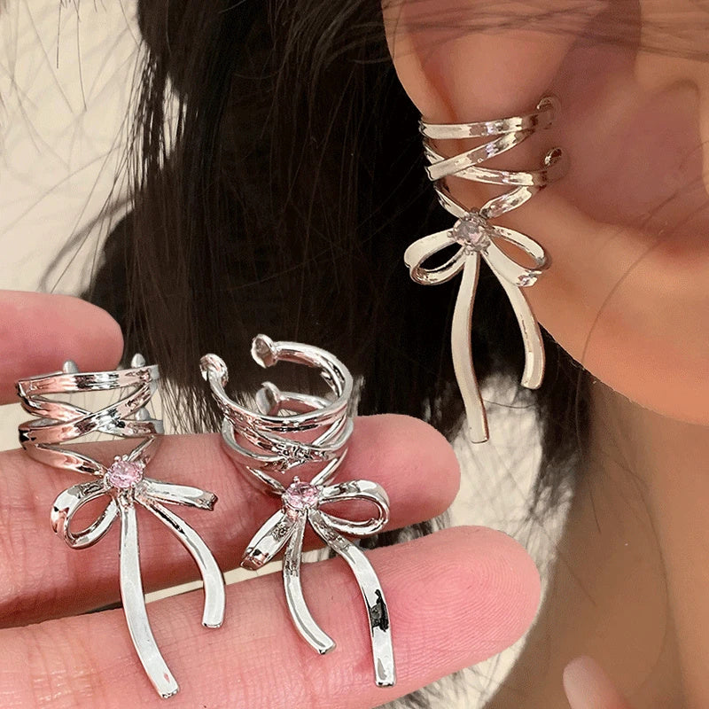 Fashion Jewelry New Ribbon Aesthetics Ear Clips Ballet Style Ribbon Bow-knot Ear Cuff For Women Fashion Non-Piercing Ear Clips Earrings Jewelry