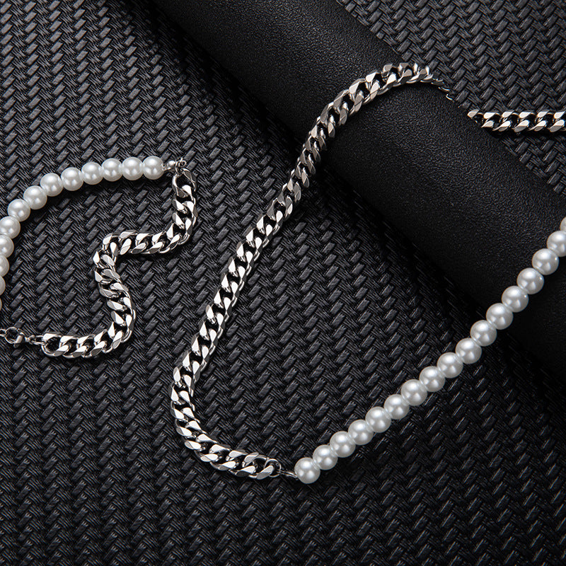 Stitching Stainless Steel Cuban Chain Pearl Necklace For Men