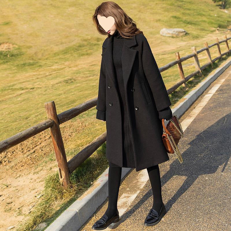 Black Woolen Mid-length Fall Winter Popular Loose-fitting Hepburn Style Woolen Coat