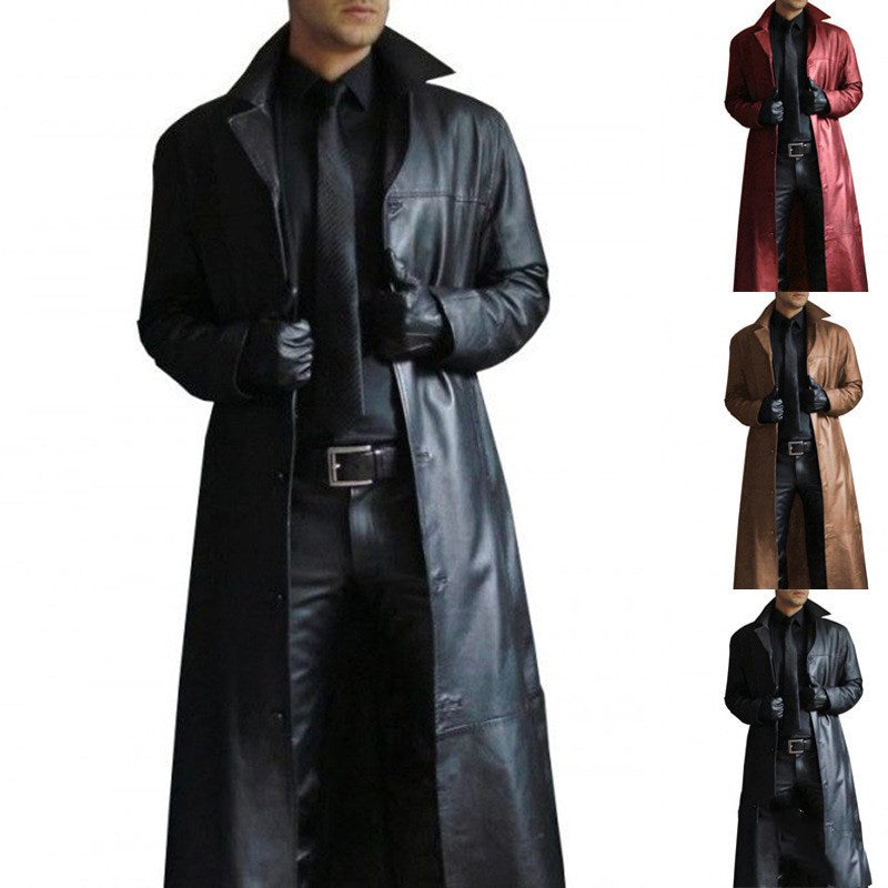 Men's Lambskin Trench Coat, Black Leather Long Coat, Duster, Overcoat Glossy Finish