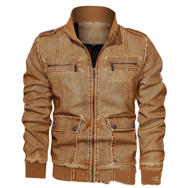 Men's Lapel Solid Color 3D Pu Leather Jacket