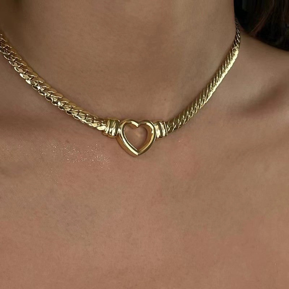 Stainless Steel Cuban Chain Heart Necklace 14K