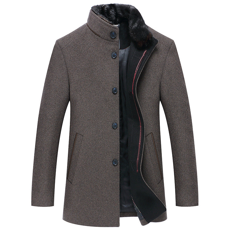 Simple Solid Color Men's Stand Collar Woolen Coat