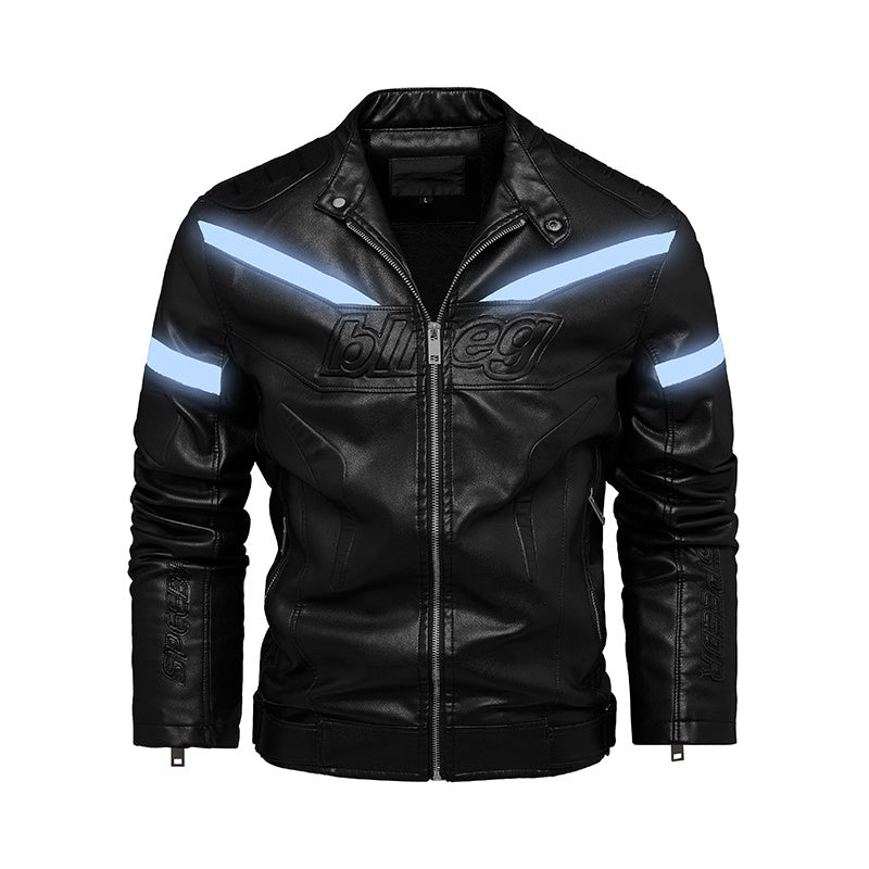 Reflective Strips Fashion Plus Velvet Youth Leather Jacket For Motorcycles