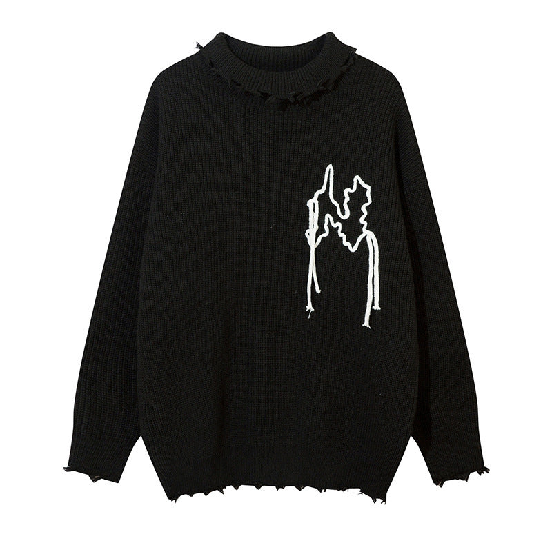 Men's Vintage Chain Embroidered Letter High Neck Pullover Sweater