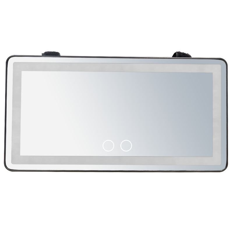 High-definition car visor makeup mirror with adjustable tri-color LED lights (warm, cool, and neutral) for flawless makeup application on-the-go. Rechargeable and portable.