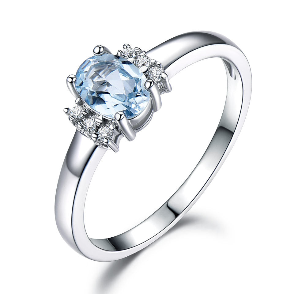 925 Sterling Silver Oval Blue Topaz Ring - Exquisite Electroplated Jewelry for Women - European and American Style