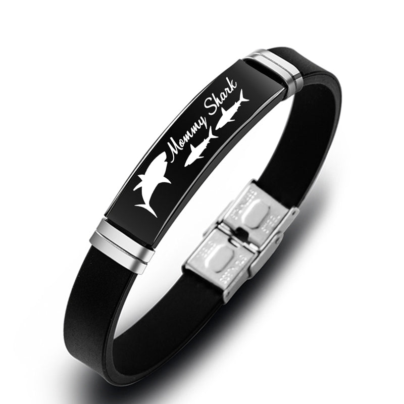 Mommy And Baby Shark Stainless Steel Charms Silicone Clasp Bracelet