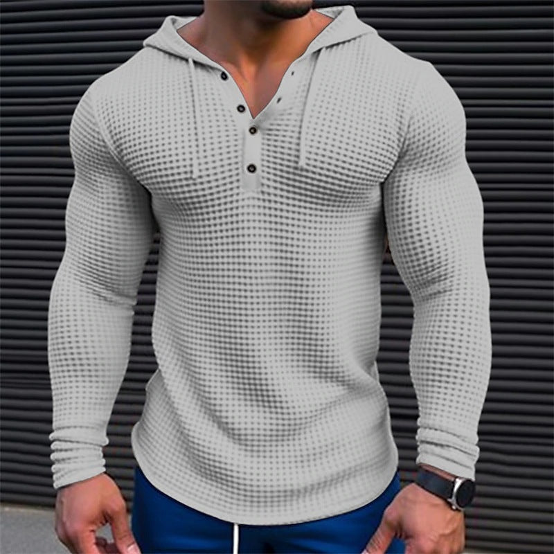 Men's Waffle Button Hoodie T-shirt Top Vacation Long Sleeve Casual Fashion