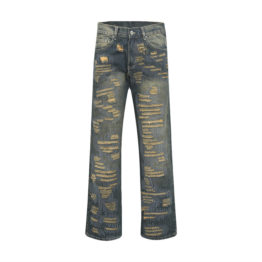 Men's Ripped Embroidered Wide-leg Jeans