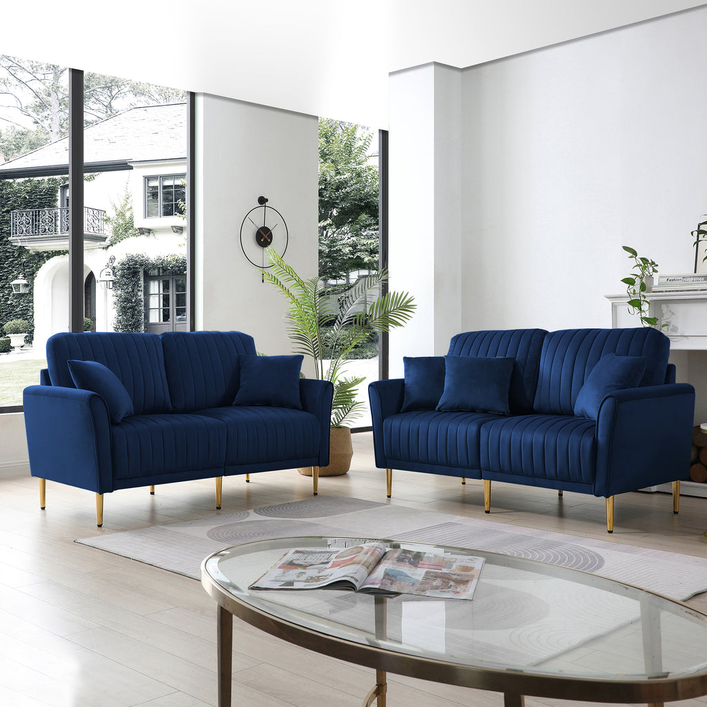 2 Pieces Sectional Sofa Set for Living Room, Velvet Tufted Couch Sofa With Metal Legs, 2 Piece Loveseat and Sofa, Furniture Set,Blue Velvet
